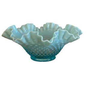 Fenton Hobnail Blue Opalescent Round Crimped Bowl 9.5” Vintage Finds